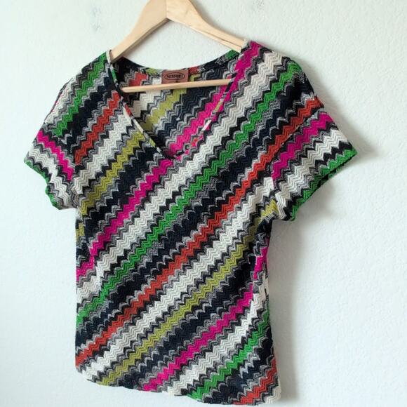 Missoni Hot Pink Navy Top Womens S/M Zig Zag Knit Crochet Colorful Made in Italy